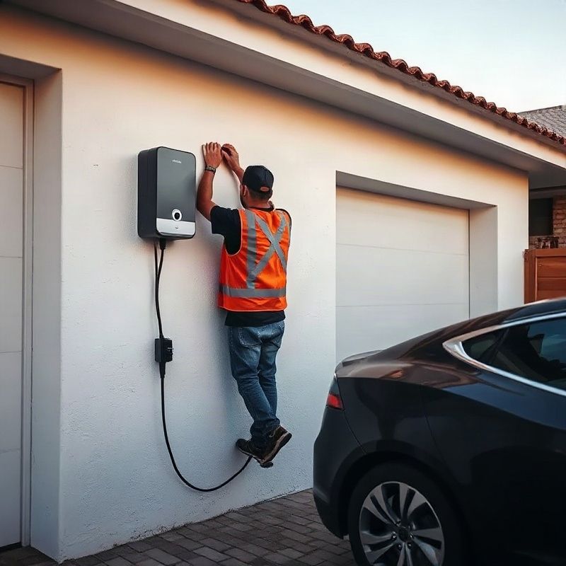 Electricista instalando un wallbox para vehículo eléctrico en el garaje de una vivienda de Tacuarembó