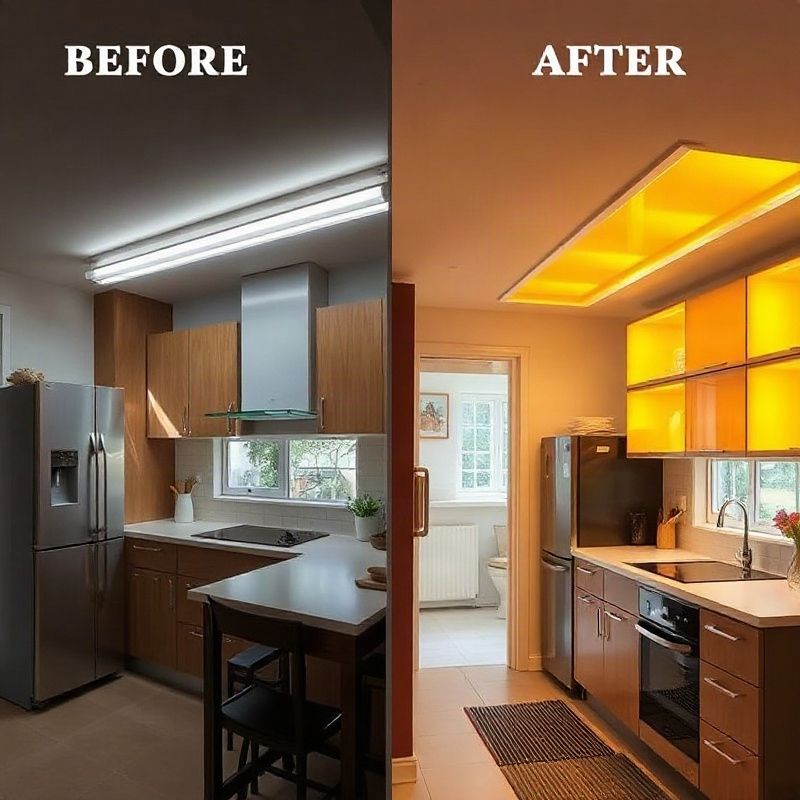 Comparación entre iluminación fluorescente antigua e iluminación LED cálida en una cocina residencial