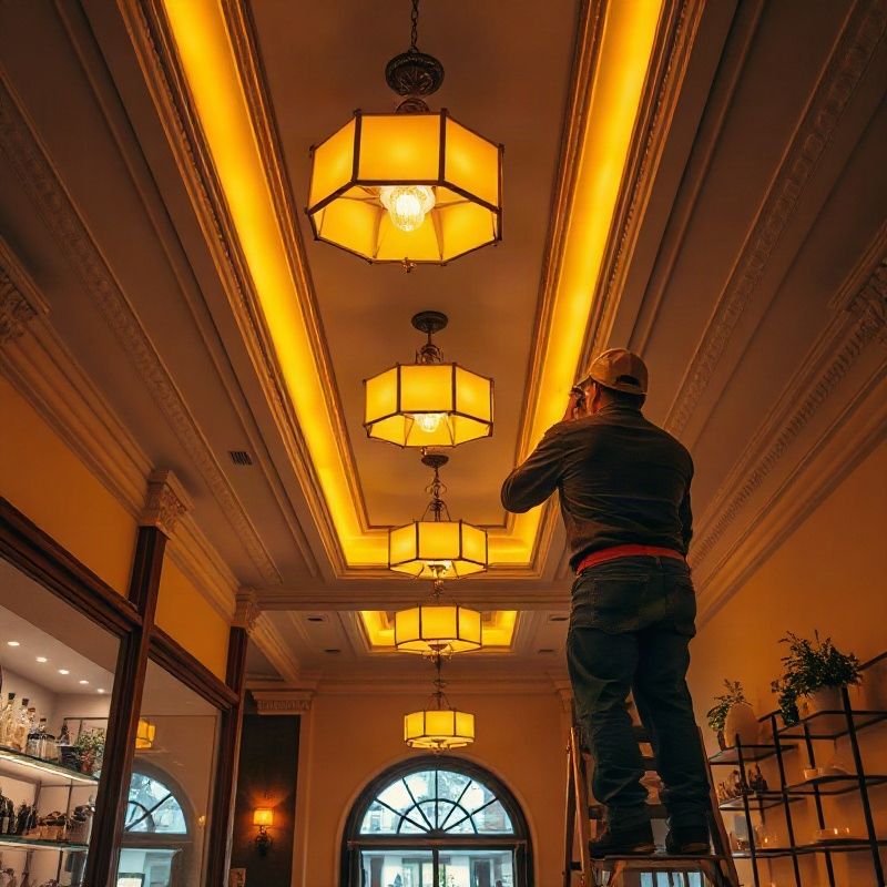 Interior comercial iluminado con luminarias LED cálidas instaladas por Sparkvmint